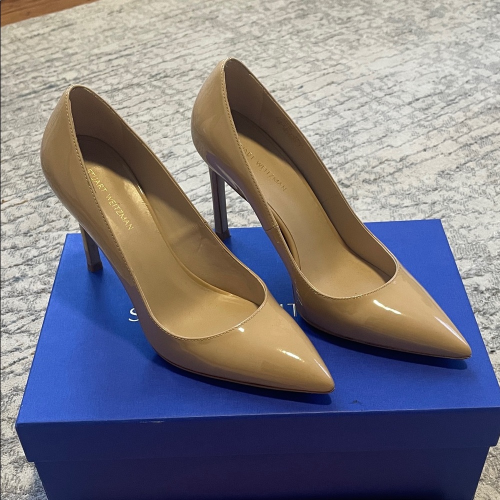 Stuart Weitzman Nude Patent Leather Pointed-Toe Pumps